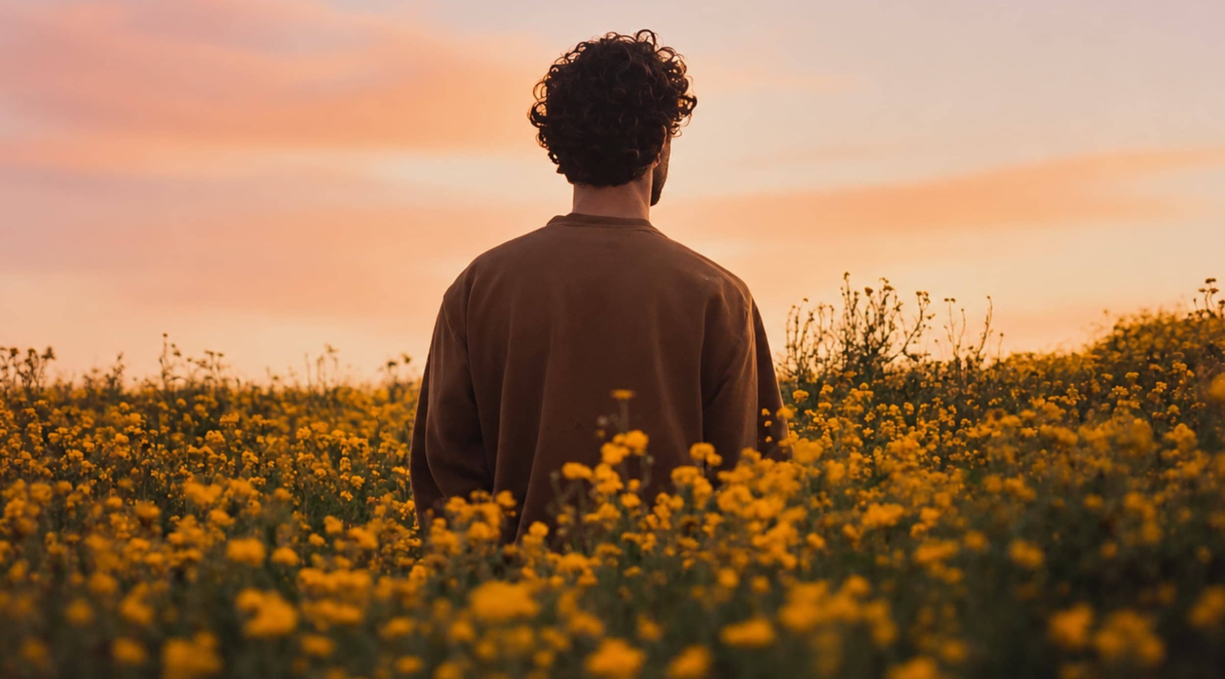 Person walking peacefully through a wildflower field at sunset